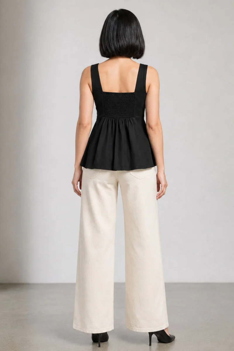 Novel|Black Cotton Slub Peplum Top