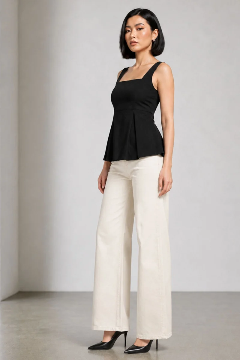 Novel|Black Cotton Slub Peplum Top