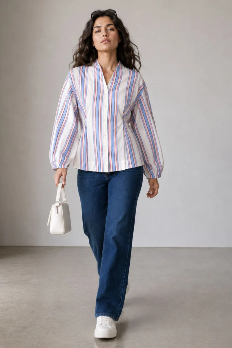 Merin|Cotton Striped Extended Vneck Waist Top
