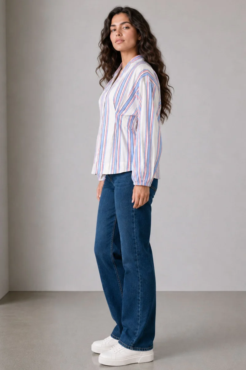 Merin|Cotton Striped Extended Vneck Waist Top