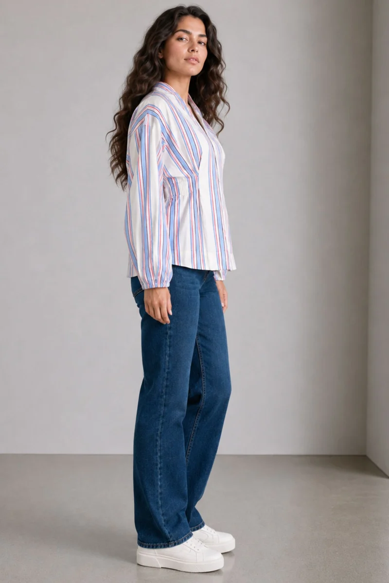 Merin|Cotton Striped Extended Vneck Waist Top