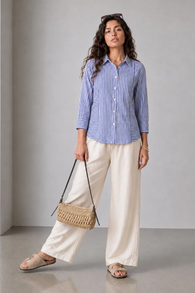 Tavis|Cotton Blue Striped Gathered Cuff Shirt