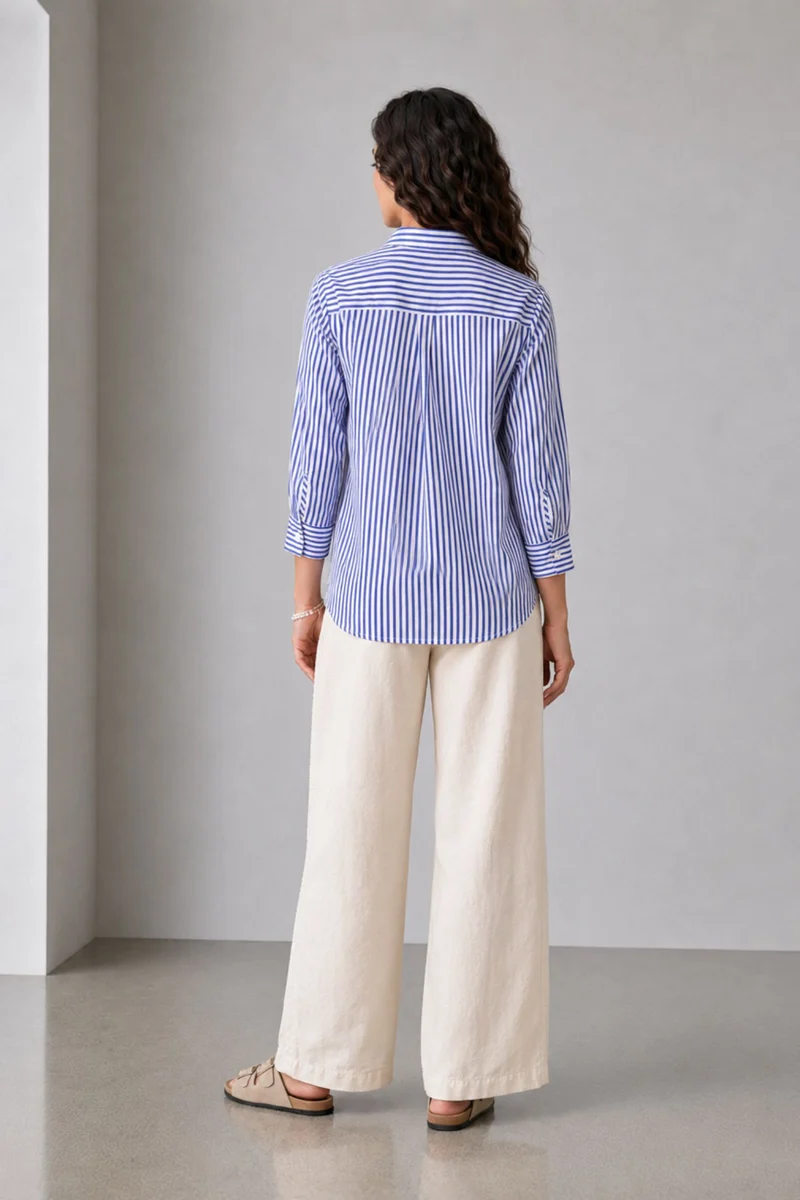 Tavis|Cotton Blue Striped Gathered Cuff Shirt