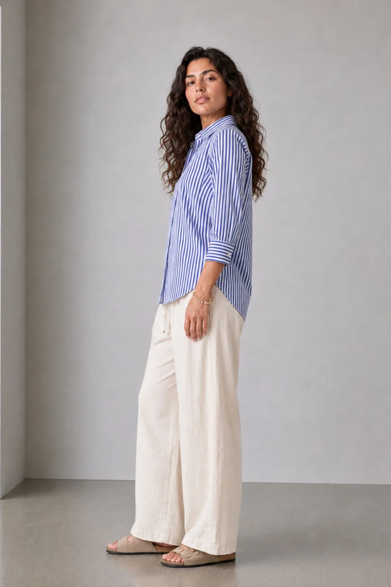 Tavis|Cotton Blue Striped Gathered Cuff Shirt