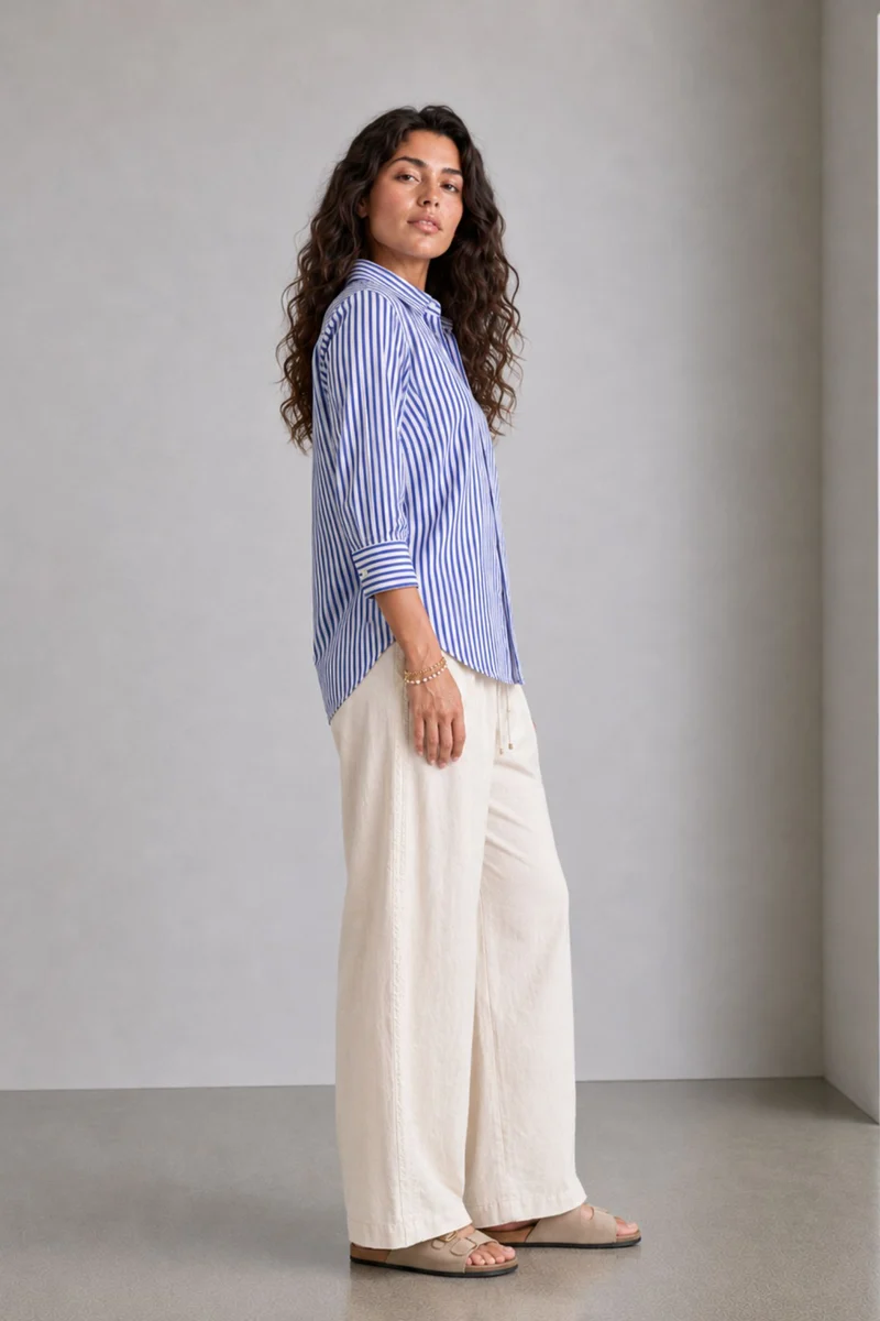Tavis|Cotton Blue Striped Gathered Cuff Shirt