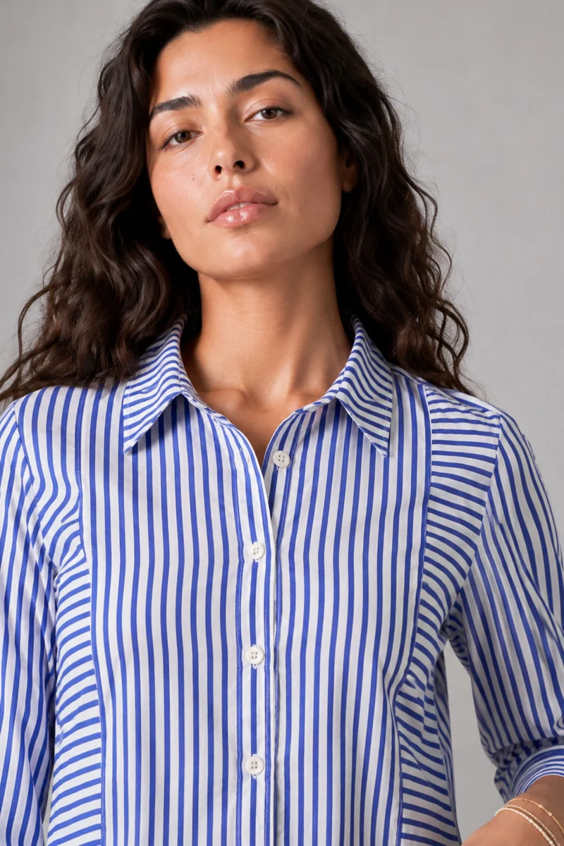 Tavis|Cotton Blue Striped Gathered Cuff Shirt