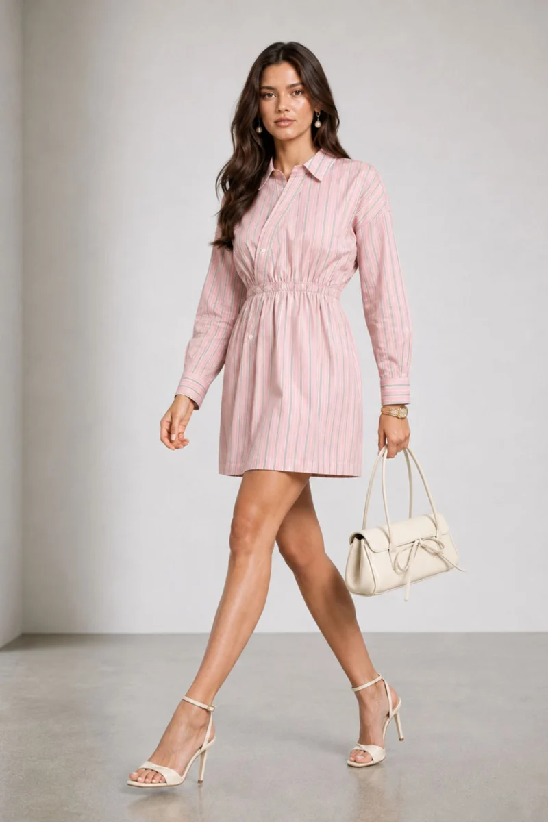 Pavelle|Cotton Striped Shirt Collar Mini Dress