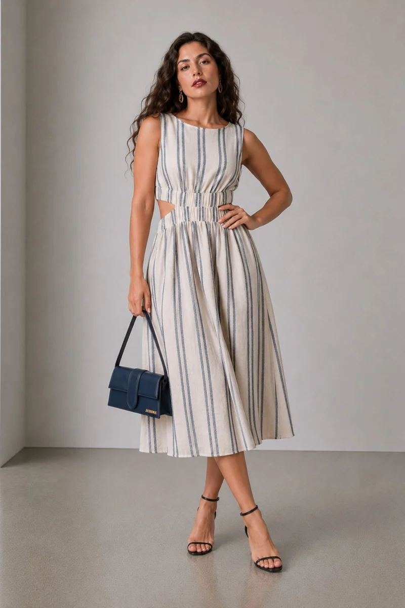 Covi|Cotton Waist Cut Out Striped Midi Dress