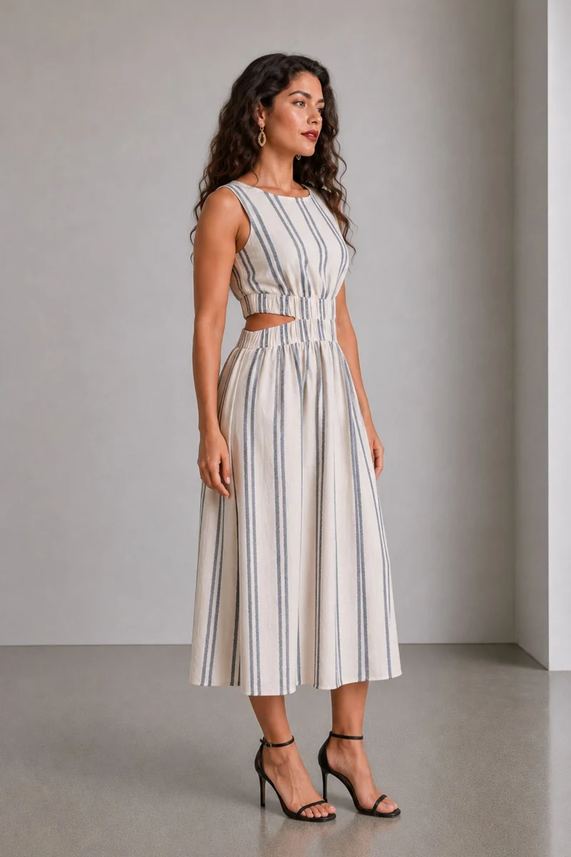 Covi|Cotton Waist Cut Out Striped Midi Dress