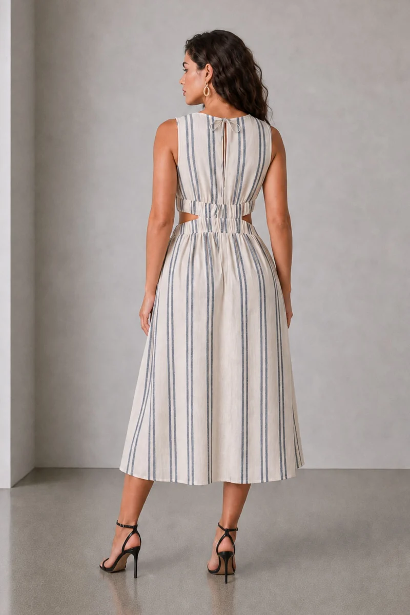 Covi|Cotton Waist Cut Out Striped Midi Dress