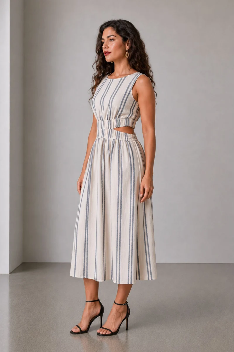 Covi|Cotton Waist Cut Out Striped Midi Dress