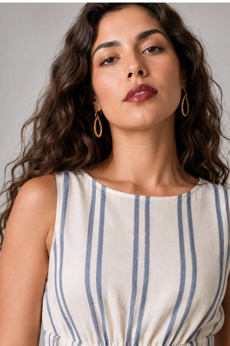 Covi|Cotton Waist Cut Out Striped Midi Dress