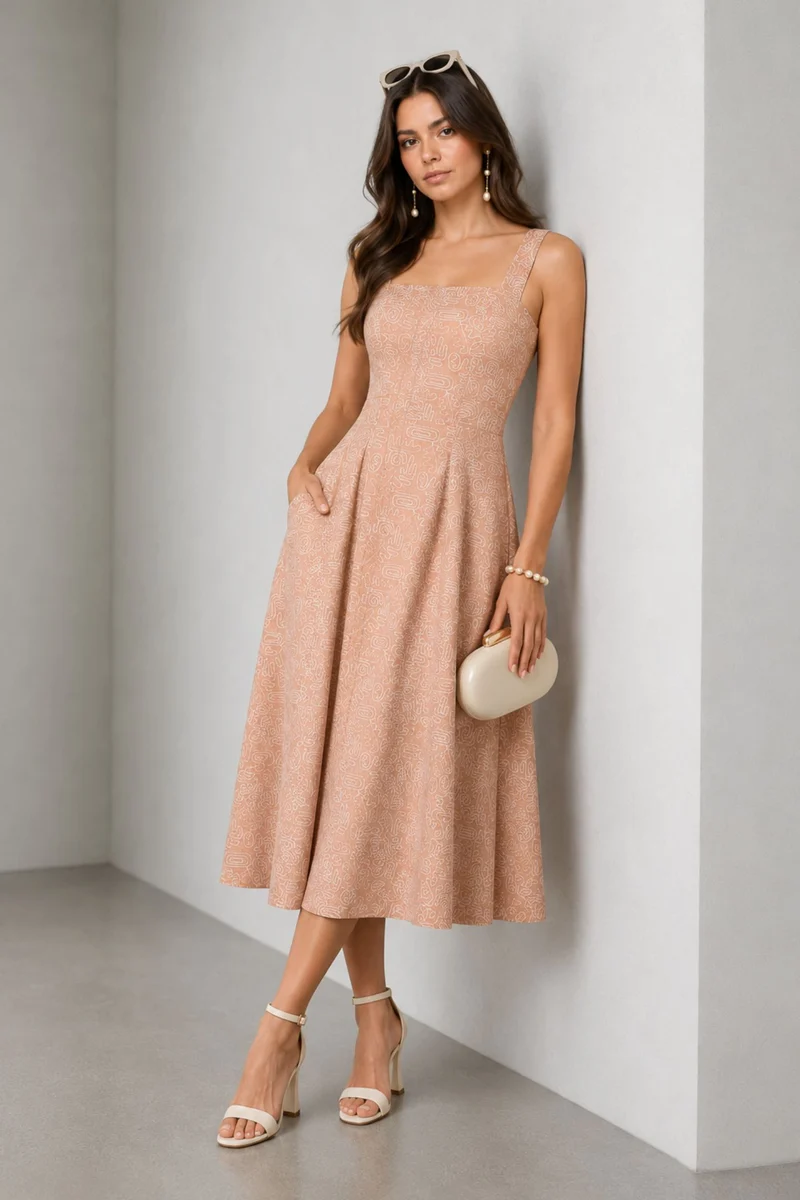 Mireo|Cotton Embroidered Square Neck Midi Dress