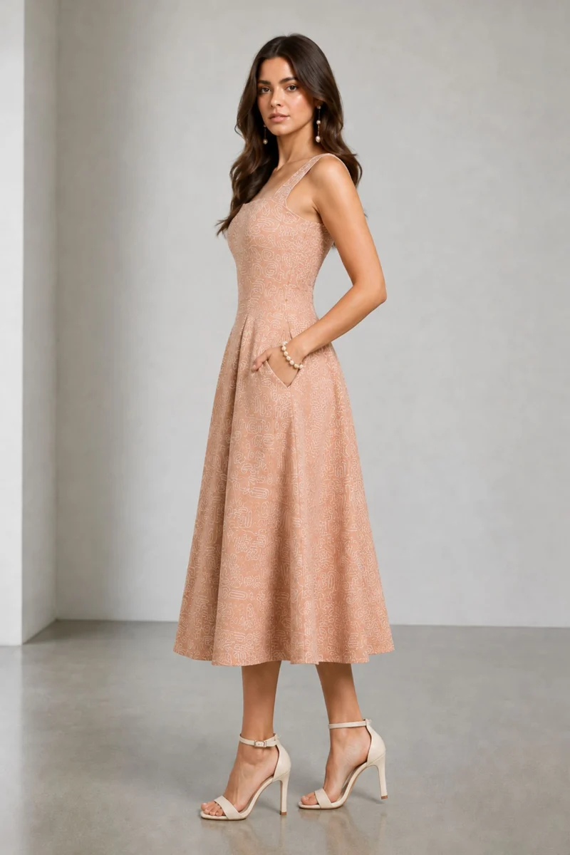 Mireo|Cotton Embroidered Square Neck Midi Dress