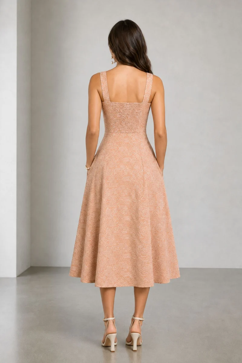 Mireo|Cotton Embroidered Square Neck Midi Dress