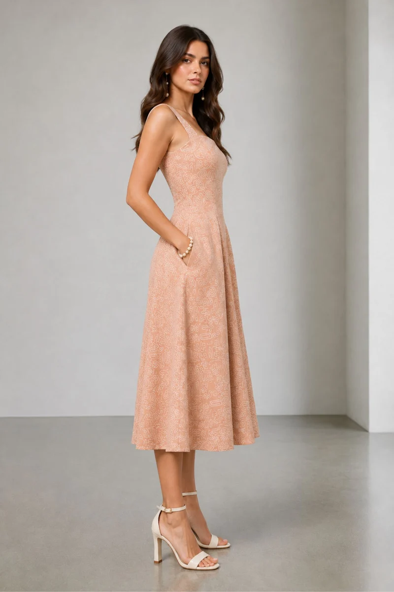 Mireo|Cotton Embroidered Square Neck Midi Dress