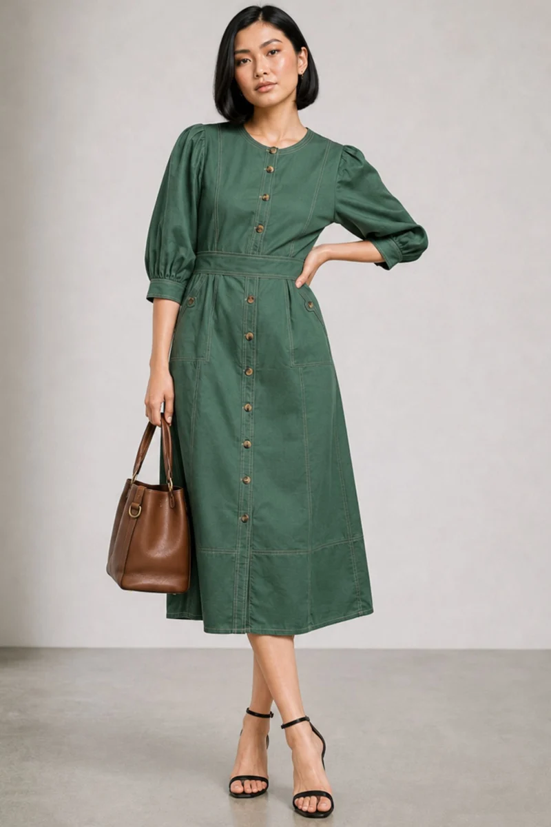 Brio|Cotton Belted Midi Shirt Dress