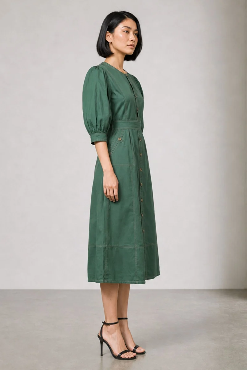 Brio|Cotton Belted Midi Shirt Dress