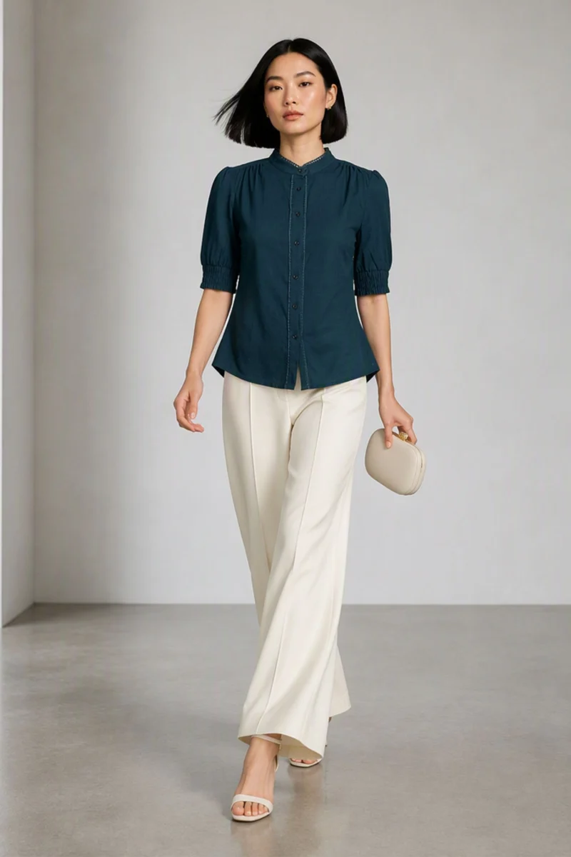 Tivra|Teal Cotton Slub Puff Sleeve Shirt