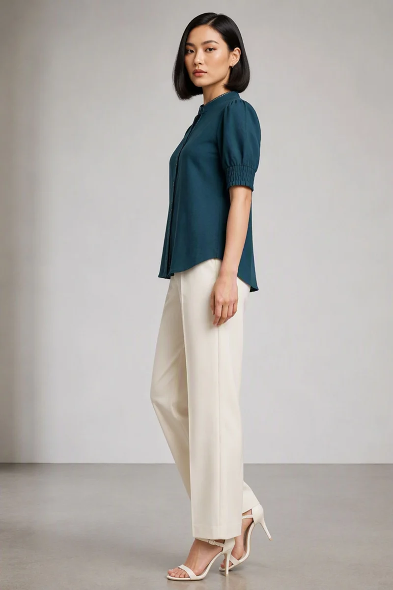 Tivra|Teal Cotton Slub Puff Sleeve Shirt