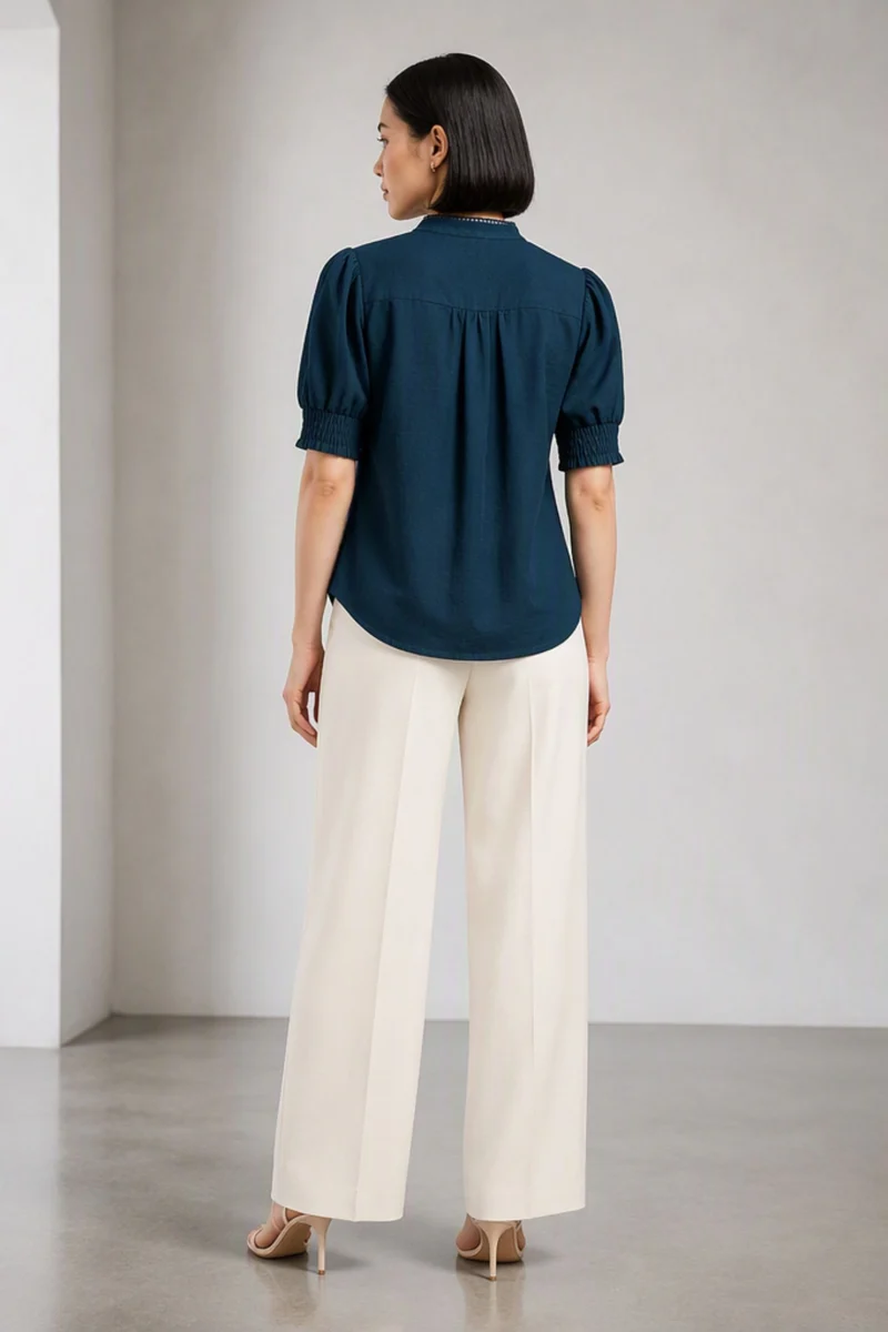 Tivra|Teal Cotton Slub Puff Sleeve Shirt