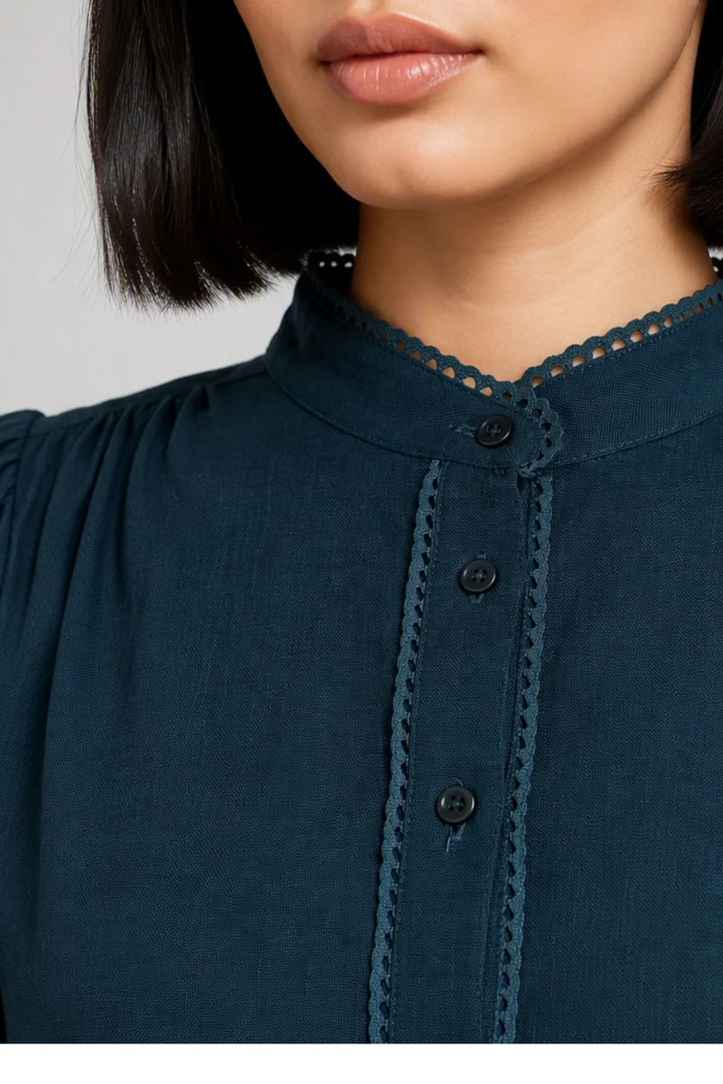 Tivra|Teal Cotton Slub Puff Sleeve Shirt