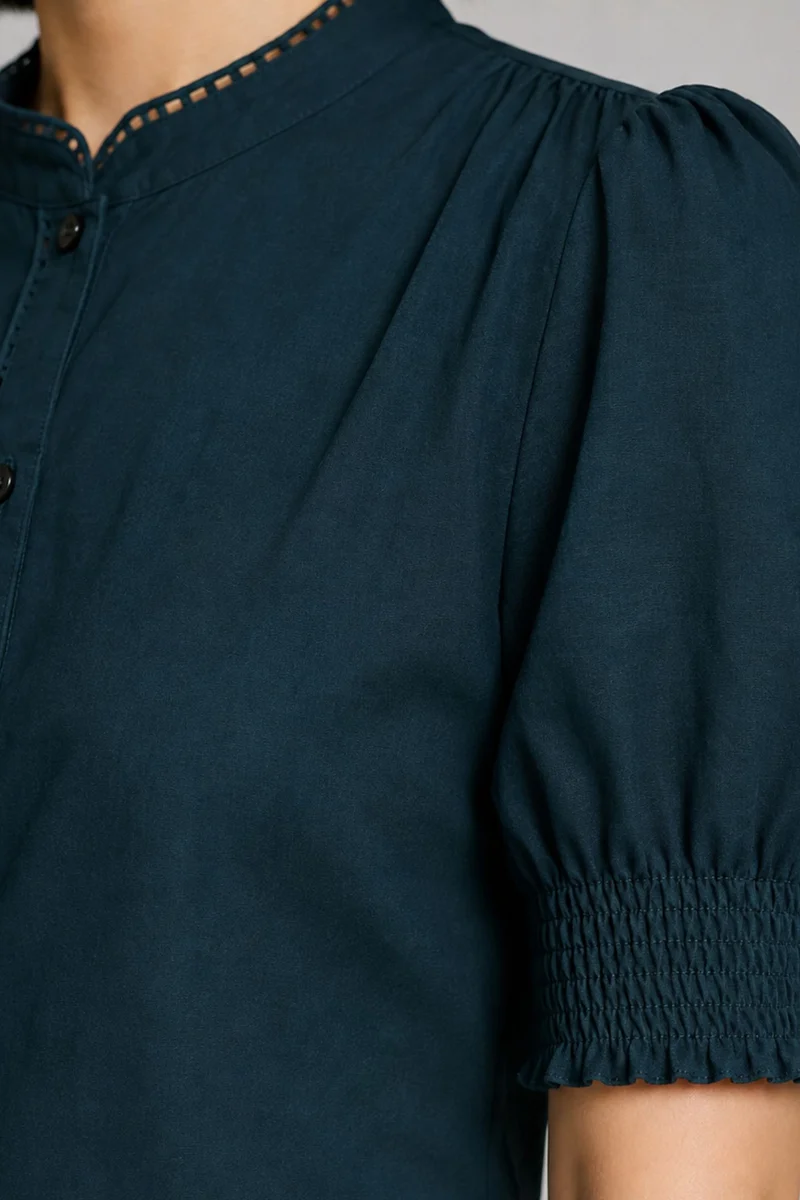 Tivra|Teal Cotton Slub Puff Sleeve Shirt
