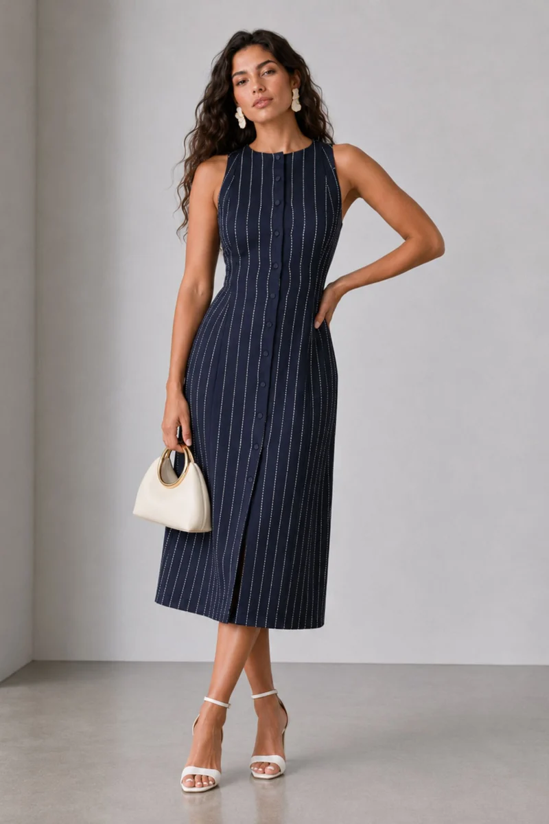 Ovelle|Cotton Round Neck Button Front Midi Dress
