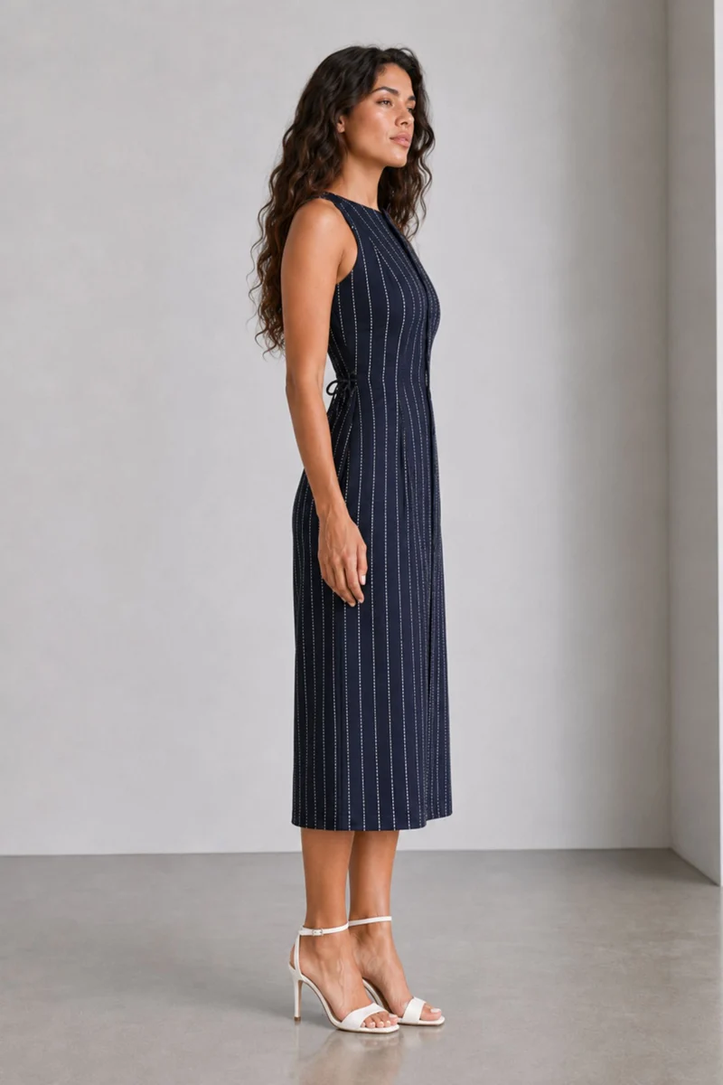 Ovelle|Cotton Round Neck Button Front Midi Dress