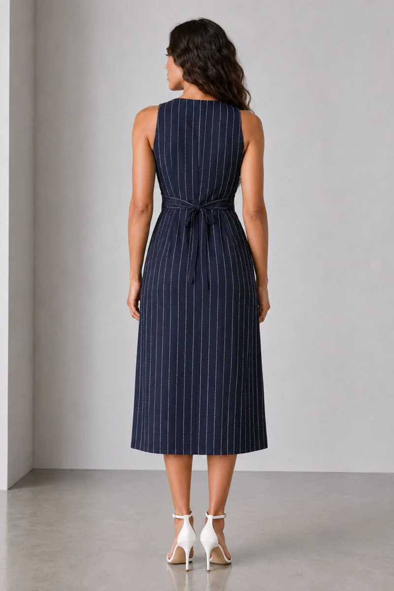 Ovelle|Cotton Round Neck Button Front Midi Dress