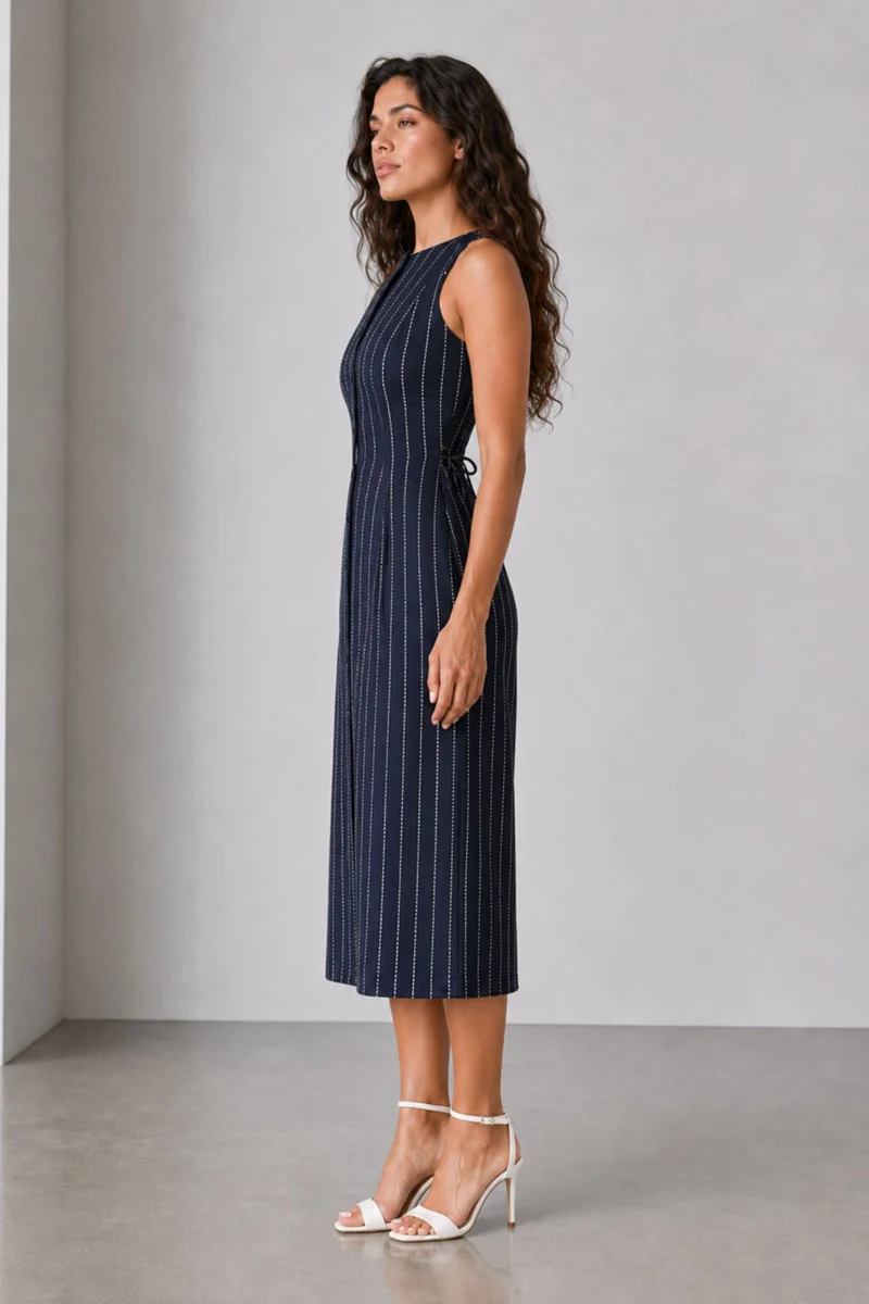 Ovelle|Cotton Round Neck Button Front Midi Dress