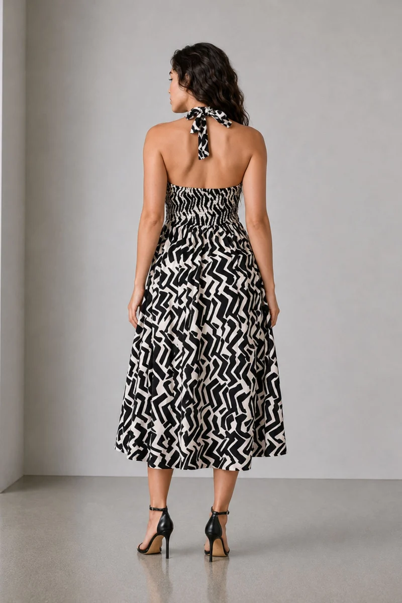 Avela|Cotton Printed Halter Midi Dress