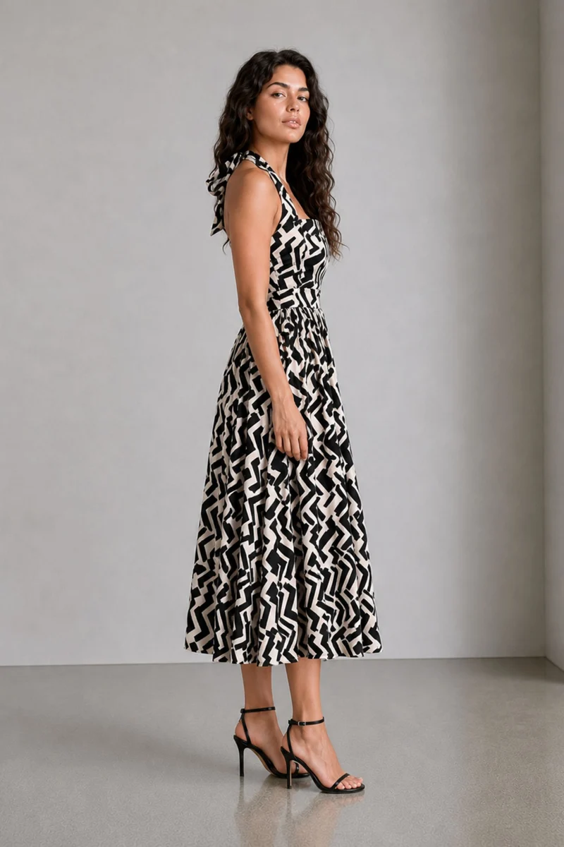 Avela|Cotton Printed Halter Midi Dress