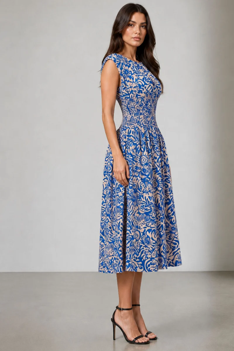 Blyra|Viscose Smocked Waist Midi Dress