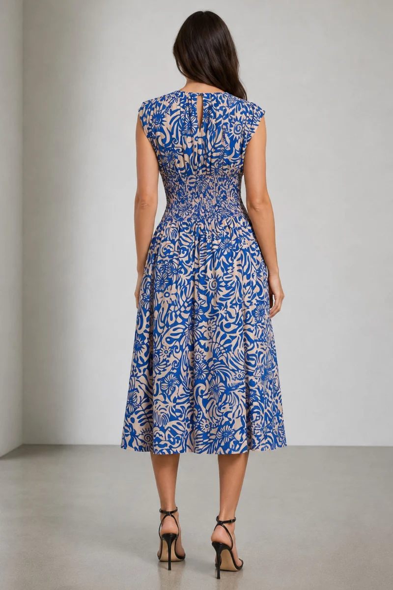 Blyra|Viscose Smocked Waist Midi Dress