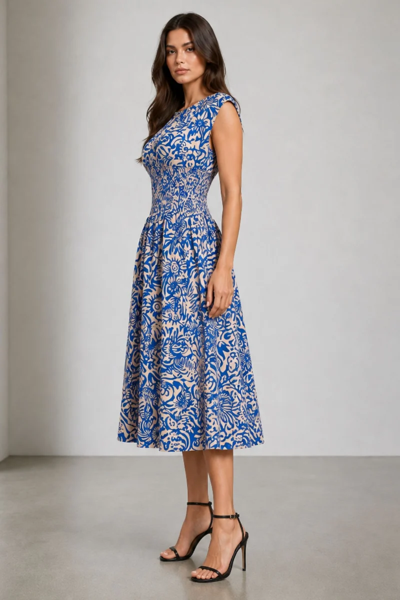 Blyra|Viscose Smocked Waist Midi Dress