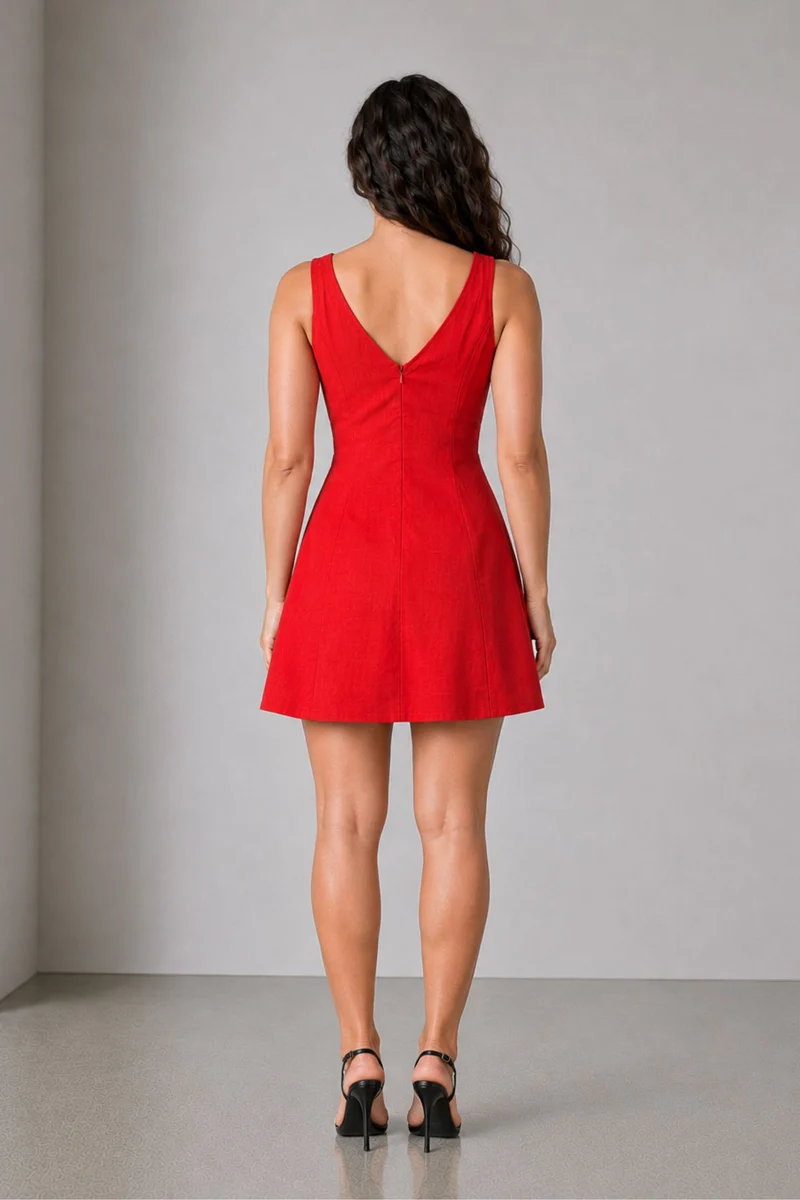 Solare |Cotton Red Slub Fit And Flare Dress