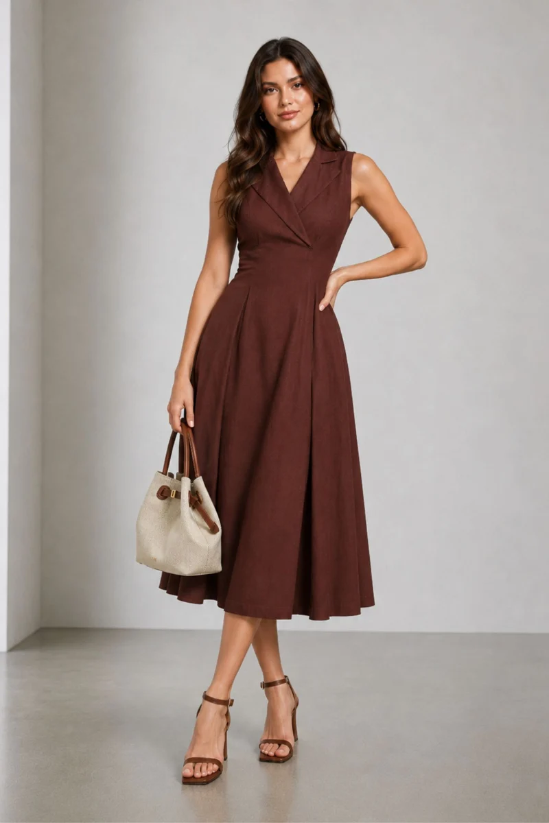 Brenna|Cotton Lapel Collar Wrap Midi Dress