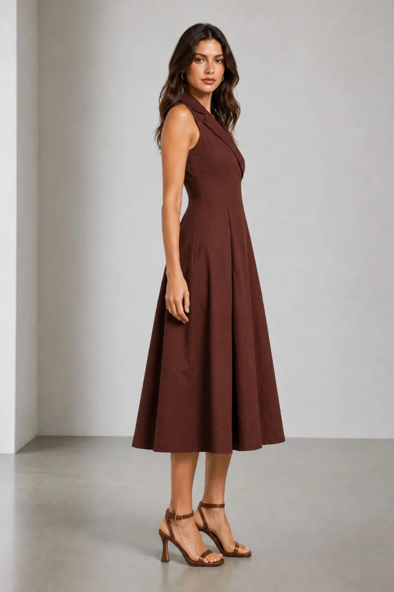 Brenna|Cotton Lapel Collar Wrap Midi Dress