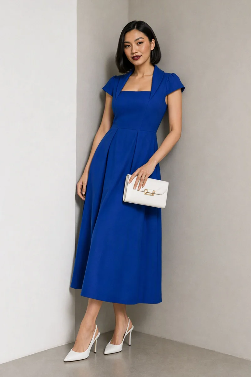 Quella|Cotton Shawl Collar Midi Dress