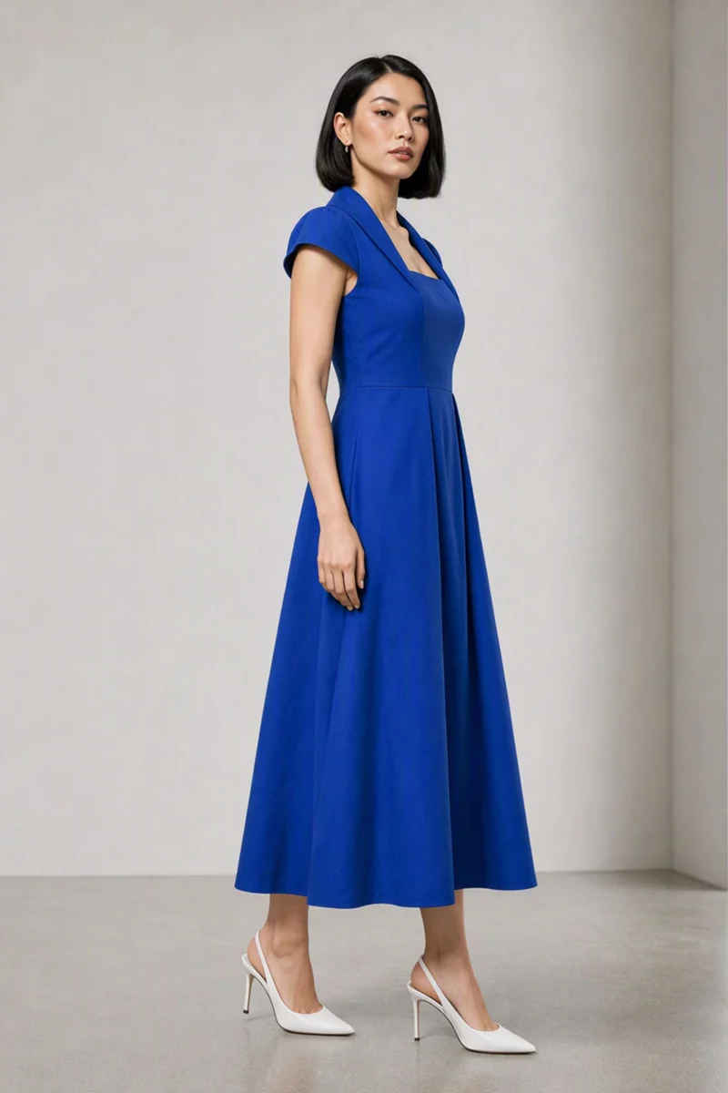 Quella|Cotton Shawl Collar Midi Dress