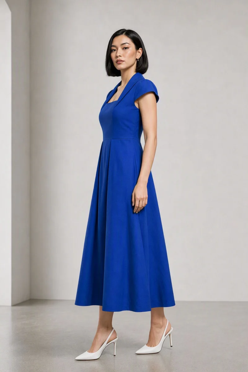 Quella|Cotton Shawl Collar Midi Dress