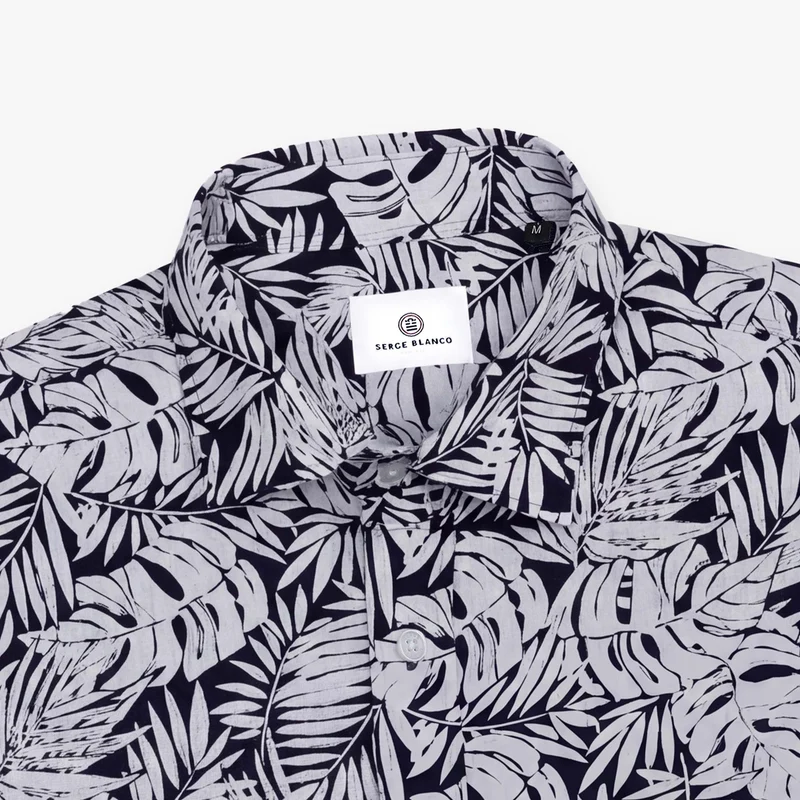 Chemise manches longues en coton bleu marine avec imprimé floral