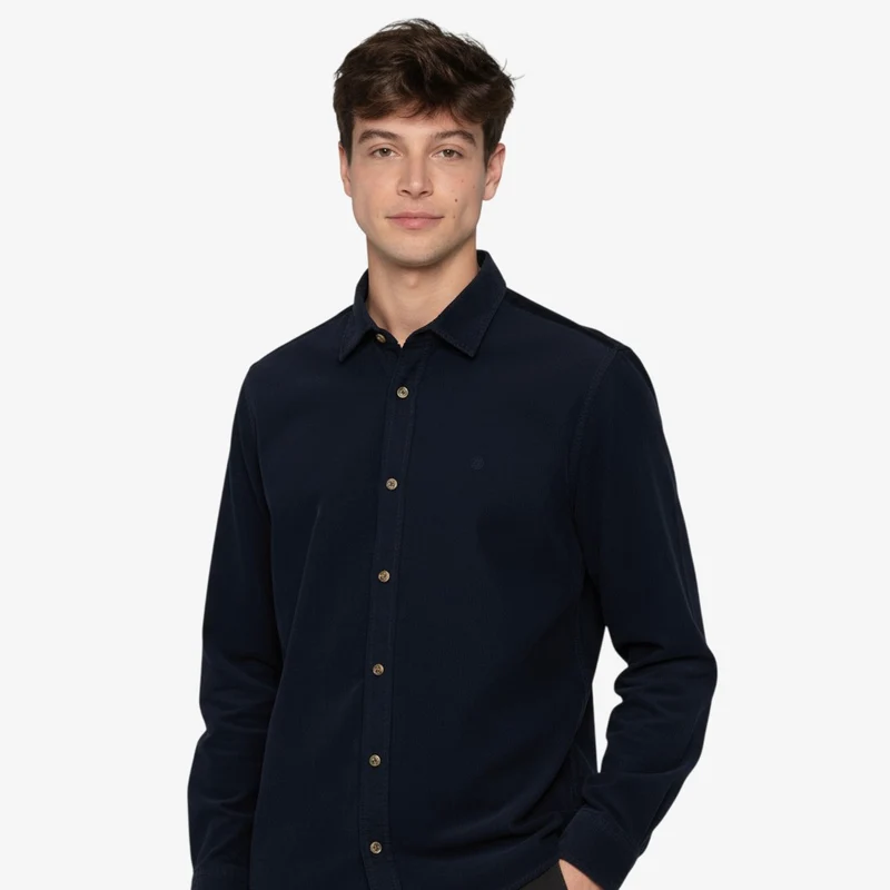 Chemise manches longues en coton velours bleu marine Charles