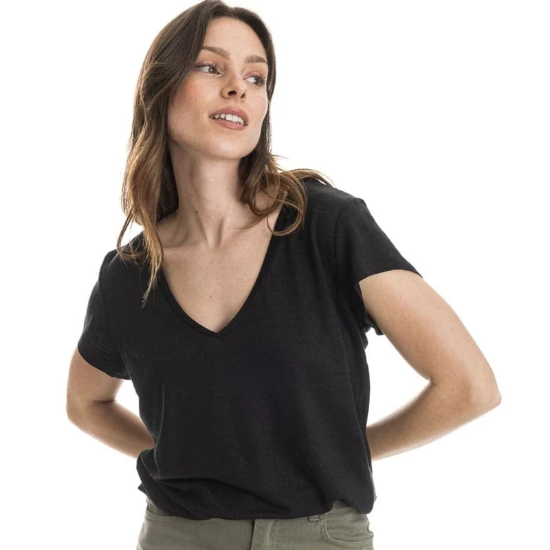 T-shirt lin femme col V Noir
