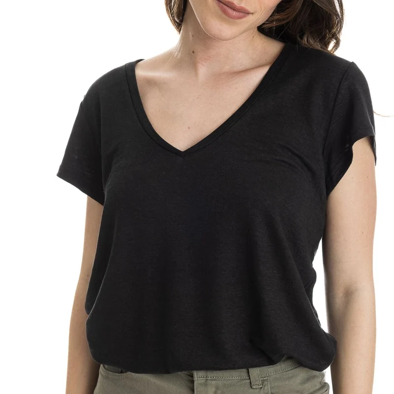 T-shirt lin femme col V Noir