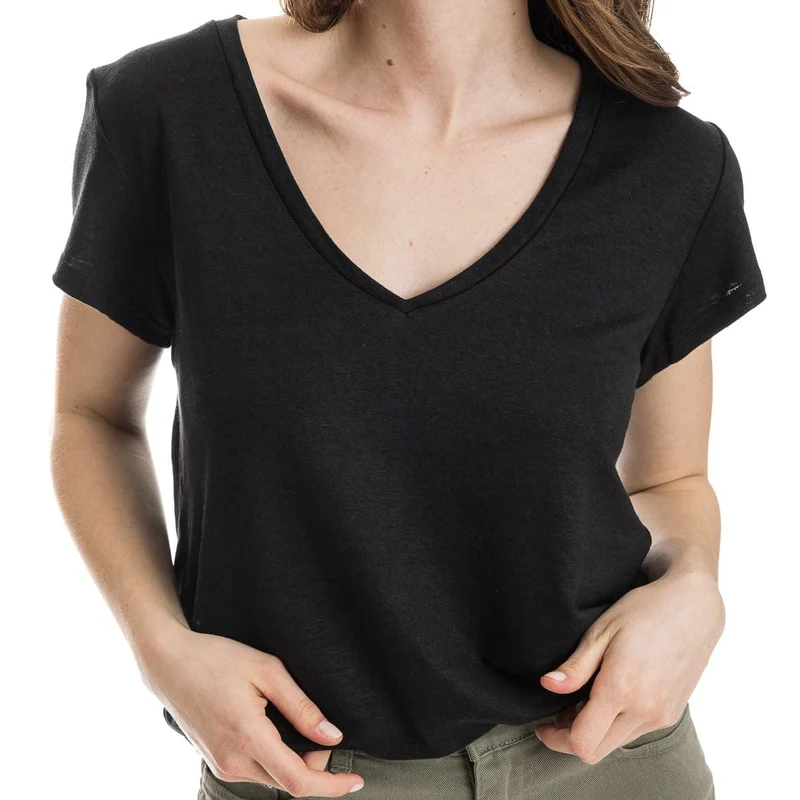 T-shirt lin femme col V Noir