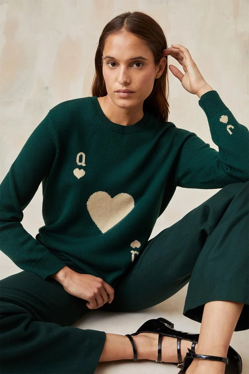 Pull Dame de Cœur Vert en Laine