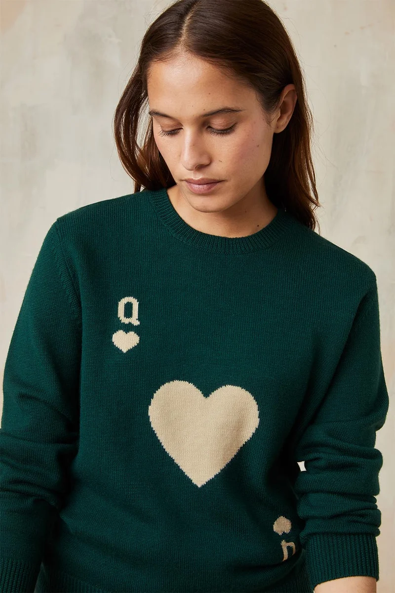 Pull Dame de Cœur Vert en Laine
