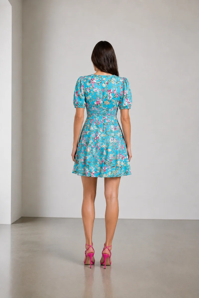 Vion|Viscose Printed Bow Detail Mini Dress